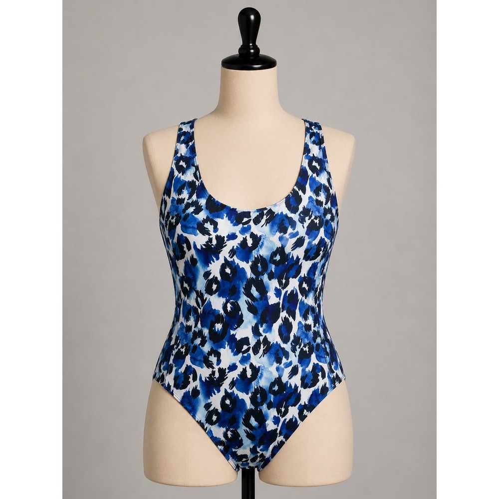 Nicole Miller Studio Blue White Abstract Animal Print Racerback Swimsuit Large